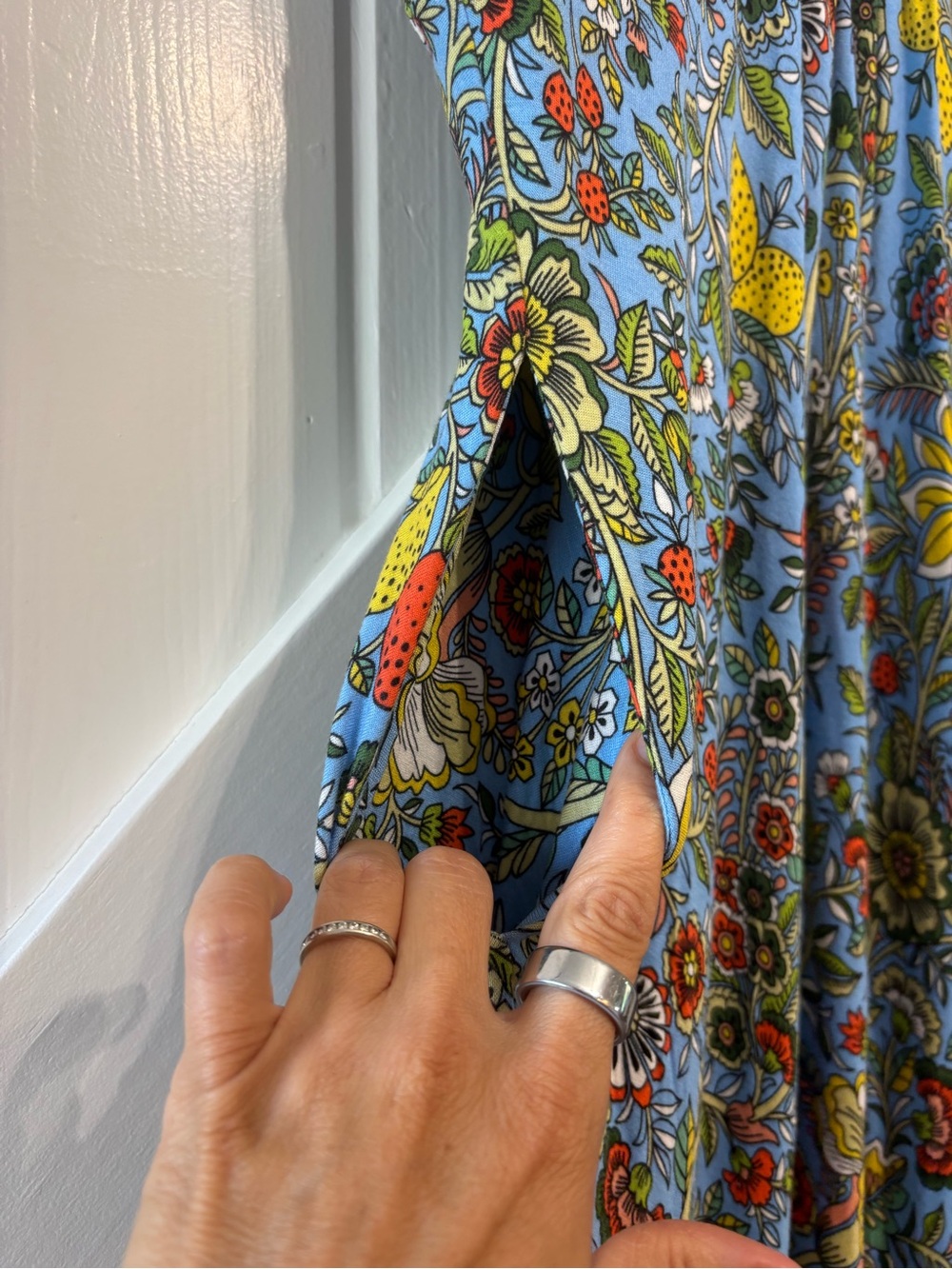 Boden Bias Cut Jersey Midi Dress Blue Lemon Strawberry Multi Citrus Vine 6P - Picture 5 of 10